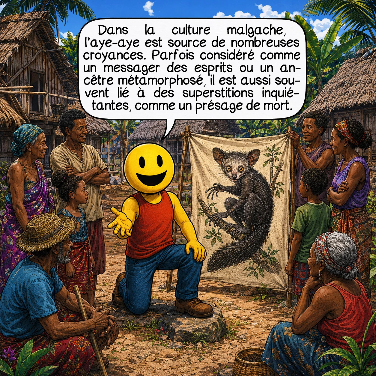 L’aye-aye, case 5 : Dans la culture malgache, l’aye-aye est source de nombreuses croyances. Parfois considéré comme un messager des esprits ou un ancêtre métamorphosé, il est aussi souvent lié à des superstitions inquiétantes, comme un présage de mort.