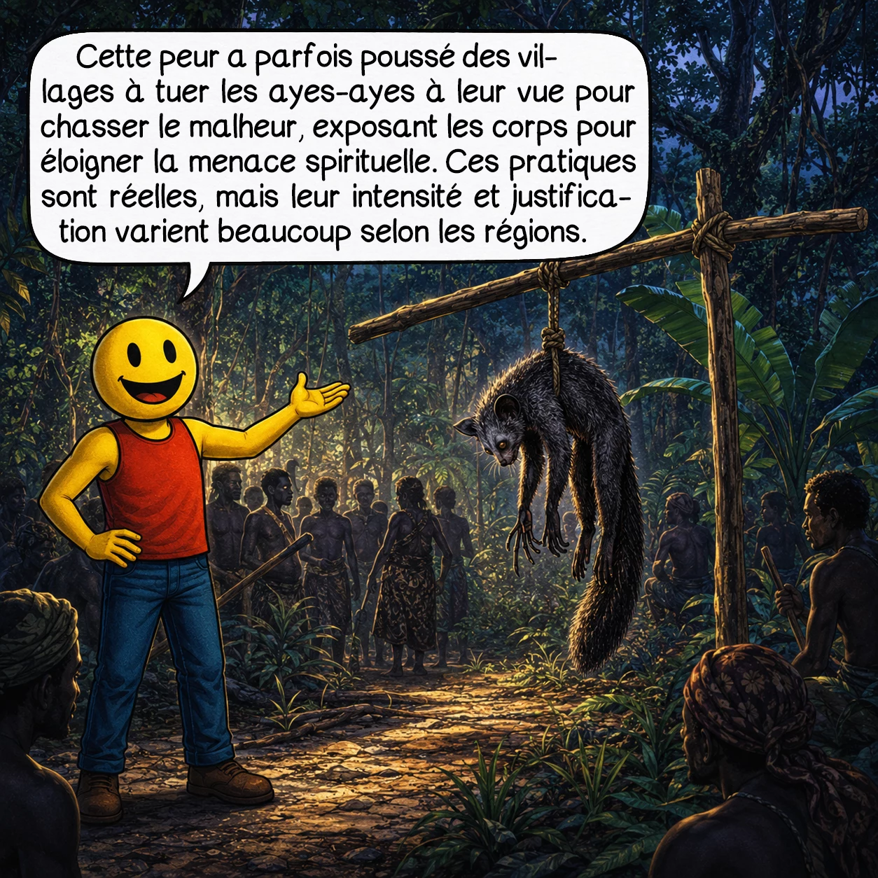 L’aye-aye, case 6 : Cette peur a parfois poussé des villages à tuer les ayes-ayes à leur vue pour chasser le malheur, exposant les corps pour éloigner la menace spirituelle. Ces pratiques sont réelles, mais leur intensité et justification varient beaucoup selon les régions.