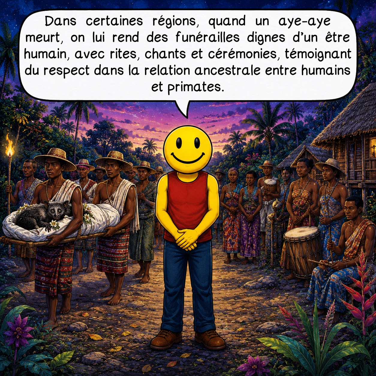 L’aye-aye, case 7 : Dans certaines régions, quand un aye-aye meurt, on lui rend des funérailles dignes d’un être humain, avec rites, chants et cérémonies, témoignant du respect dans la relation ancestrale entre humains et primates.