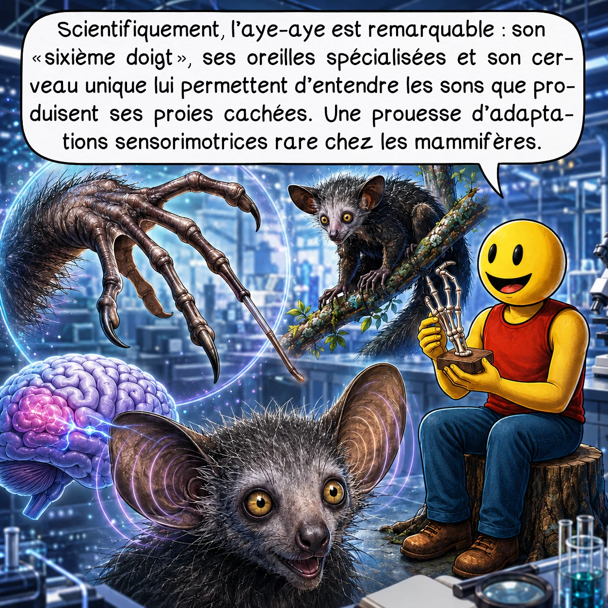 L’aye-aye, case 8 : Scientifiquement, l’aye-aye est remarquable : son « sixième doigt », ses oreilles spécialisées et son cerveau unique lui permettent d’entendre les sons que produisent ses proies cachées. Une prouesse d’adaptations sensorimotrices rare chez les mammifères.