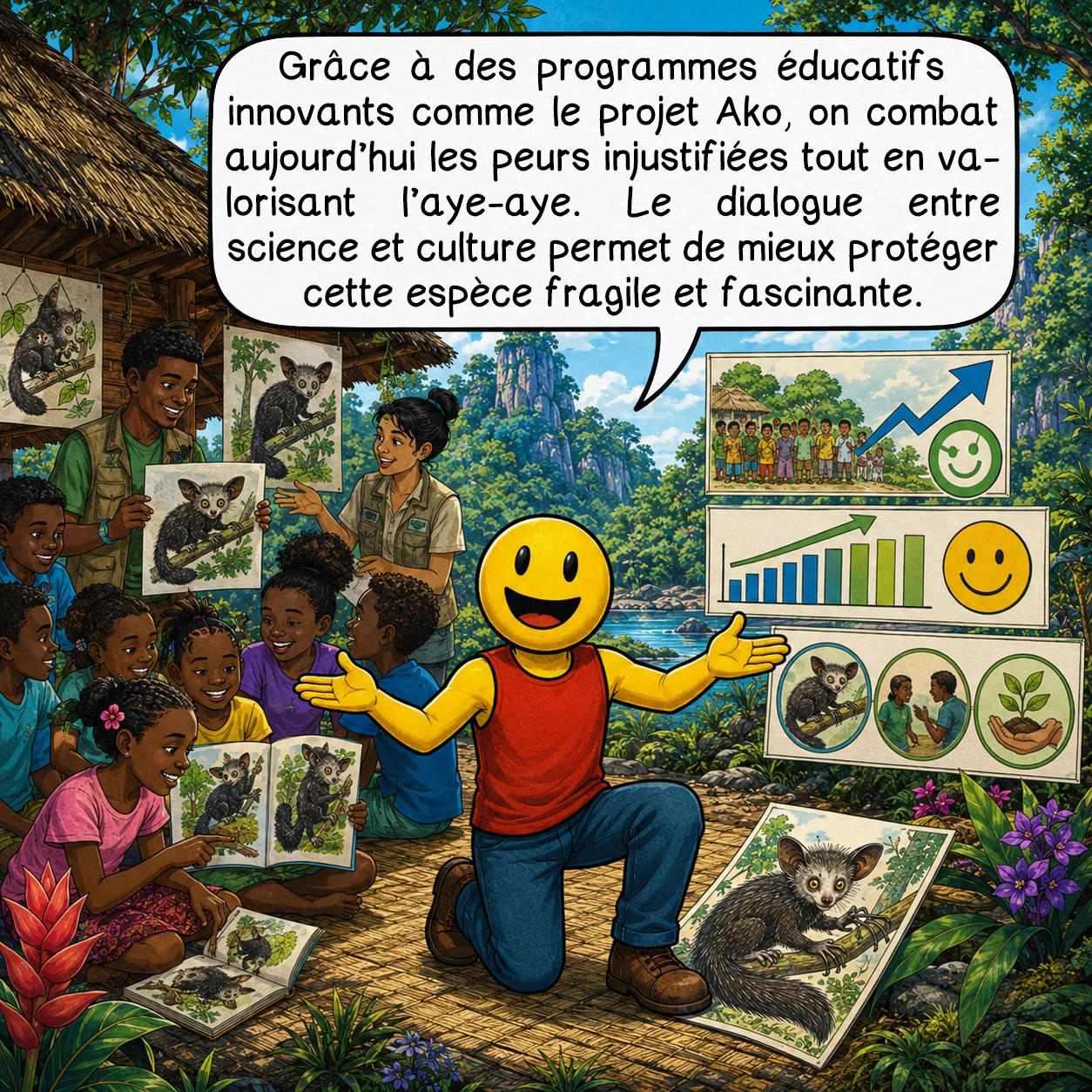 L’aye-aye, case 9 : Grâce à des programmes éducatifs innovants comme le projet Ako, on combat aujourd’hui les peurs injustifiées tout en valorisant l’aye-aye. Le dialogue entre science et culture permet de mieux protéger cette espèce fragile et fascinante.