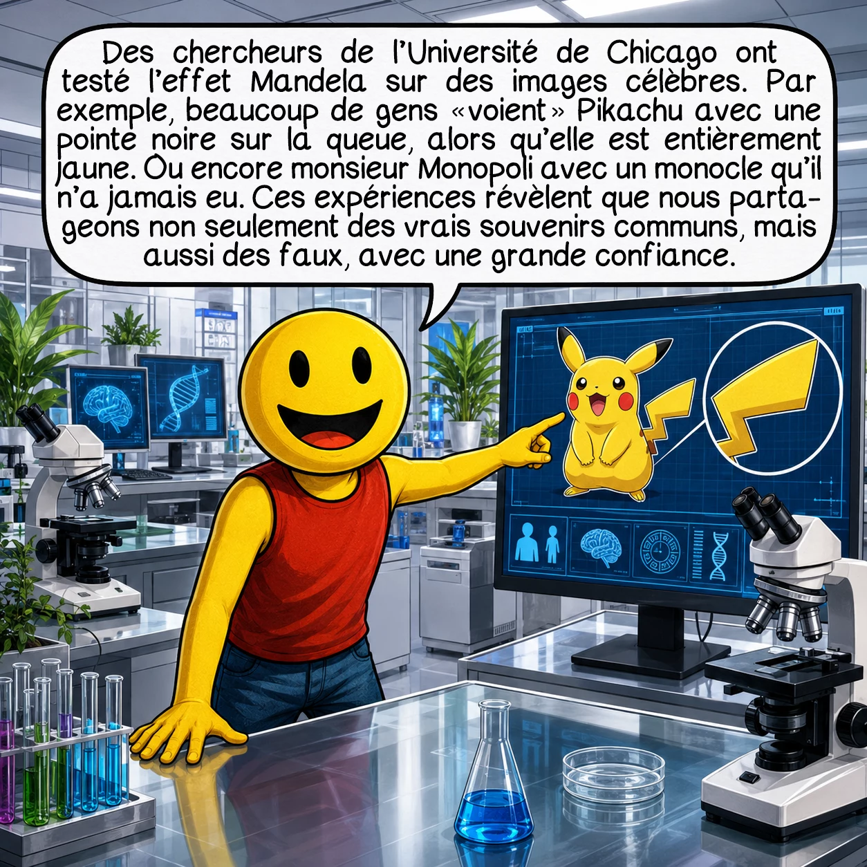 L’effet Mandela, case 4 : Des chercheurs de l’Université de Chicago ont testé l’effet Mandela sur des images célèbres. Par exemple, beaucoup de gens « voient » Pikachu avec une pointe noire sur la queue, alors qu’elle est entièrement jaune. Cette expérience révèle que nous partageons non seulement des vrais souvenirs communs, mais aussi des faux, avec une grande confiance.