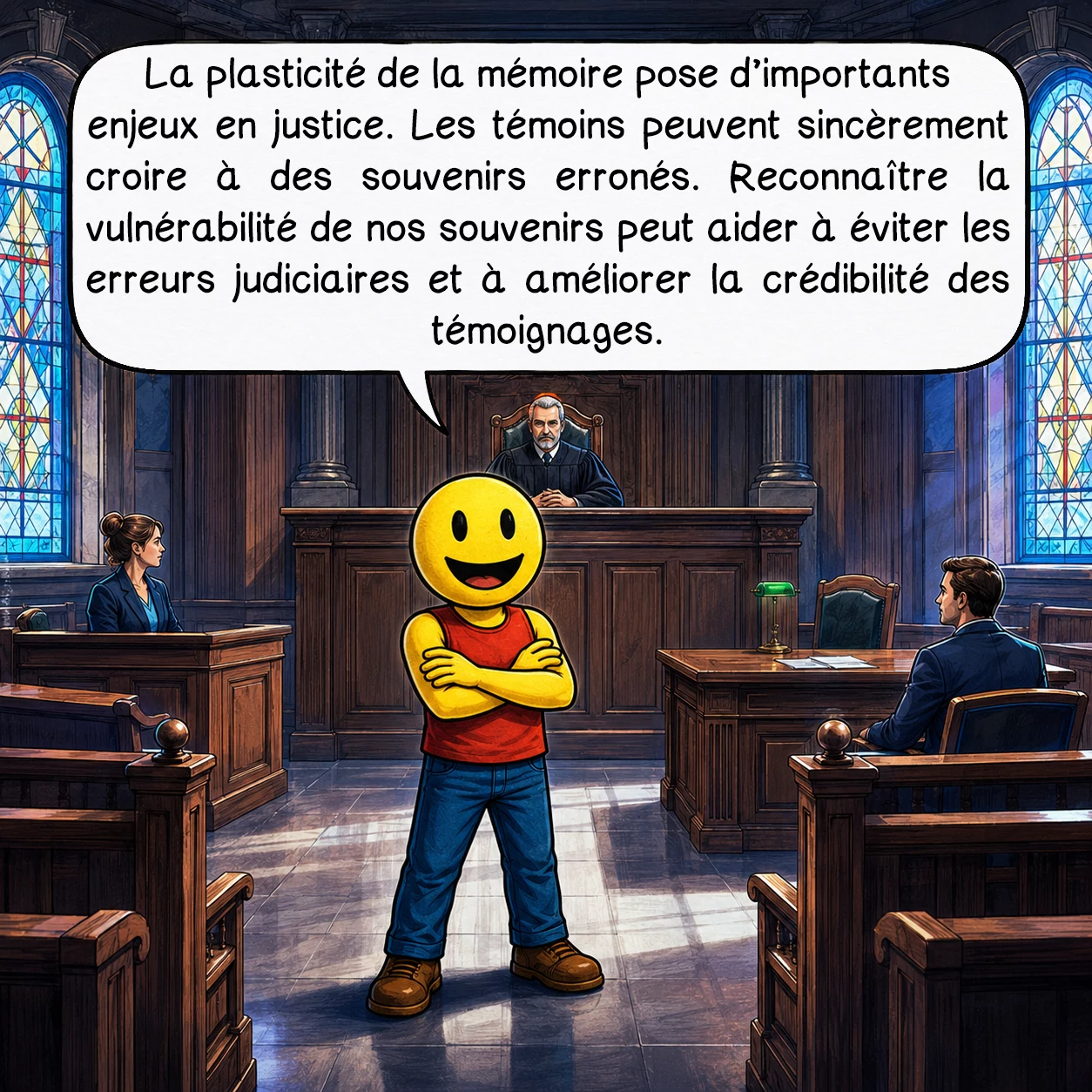 L’effet Mandela, case 7 : La plasticité de la mémoire pose d’importants enjeux en justice. Les témoins peuvent sincèrement croire à des souvenirs erronés. Reconnaître la vulnérabilité de nos souvenirs peut aider à éviter les erreurs judiciaires et à améliorer la crédibilité des témoignages.