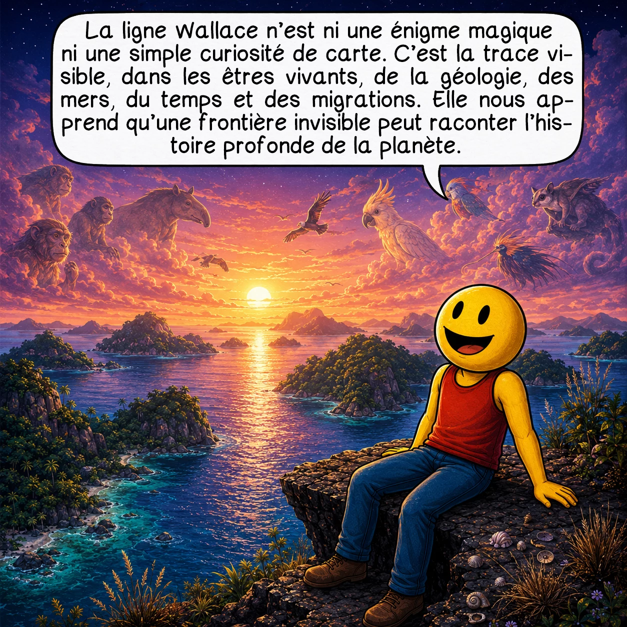 La ligne Wallace, case 10 : La ligne Wallace n’est ni une énigme magique ni une simple curiosité de carte. C’est la trace visible, dans les êtres vivants, de la géologie, des mers, du temps et des migrations. Elle nous apprend qu’une frontière invisible peut raconter l’histoire profonde de la planète.