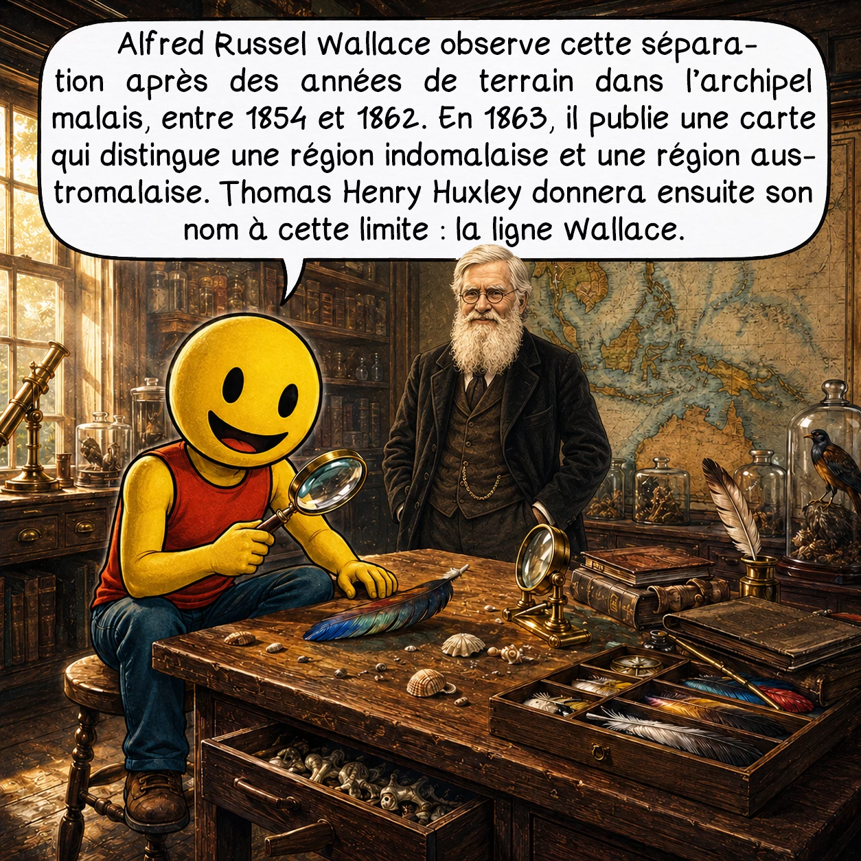 La ligne Wallace, case 2 : Alfred Russel Wallace observe cette séparation après des années de terrain dans l’archipel malais, entre 1854 et 1862. En 1863, il publie une carte qui distingue une région indomalaise et une région austromalaise. Thomas Henry Huxley donnera ensuite son nom à cette limite : la ligne Wallace.