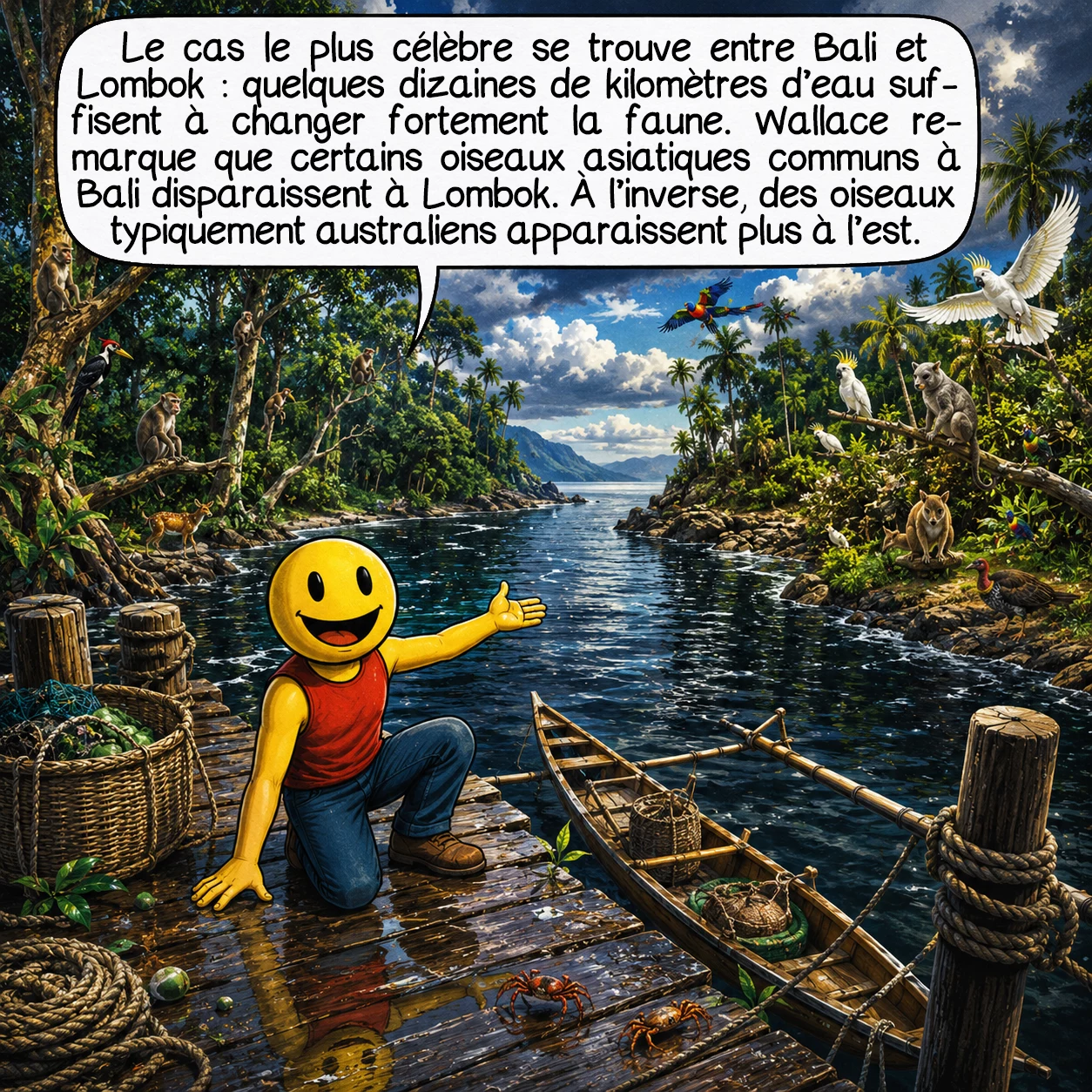 La ligne Wallace, case 3 : Le cas le plus célèbre se trouve entre Bali et Lombok : quelques dizaines de kilomètres d’eau suffisent à changer fortement la faune. Wallace remarque que certains oiseaux asiatiques communs à Bali disparaissent à Lombok. À l’inverse, des oiseaux typiquement australiens apparaissent plus à l’est.