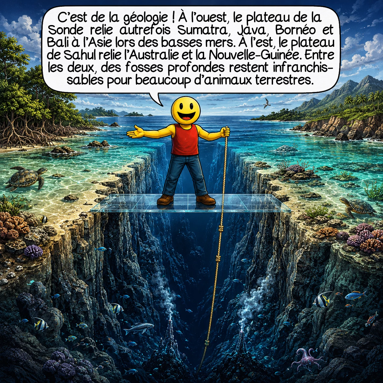 La ligne Wallace, case 4 : Le secret principal est géologique : à l’ouest, le plateau de la Sonde relie autrefois Sumatra, Java, Bornéo et Bali à l’Asie lors des basses mers. À l’est, le plateau de Sahul relie l’Australie et la Nouvelle-Guinée. Entre les deux, des fosses profondes restent infranchissables pour beaucoup d’animaux terrestres.