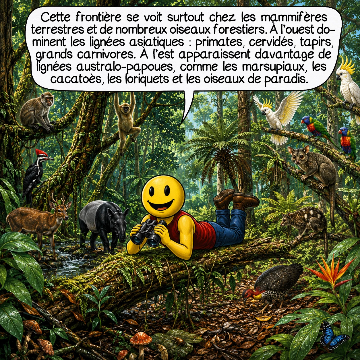 La ligne Wallace, case 5 : Cette frontière se voit surtout chez les mammifères terrestres et de nombreux oiseaux forestiers. À l’ouest dominent les lignées asiatiques : primates, cervidés, tapirs, grands carnivores. À l’est apparaissent davantage de lignées australo-papoues, comme les marsupiaux, les cacatoès, les loriquets et les oiseaux de paradis.
