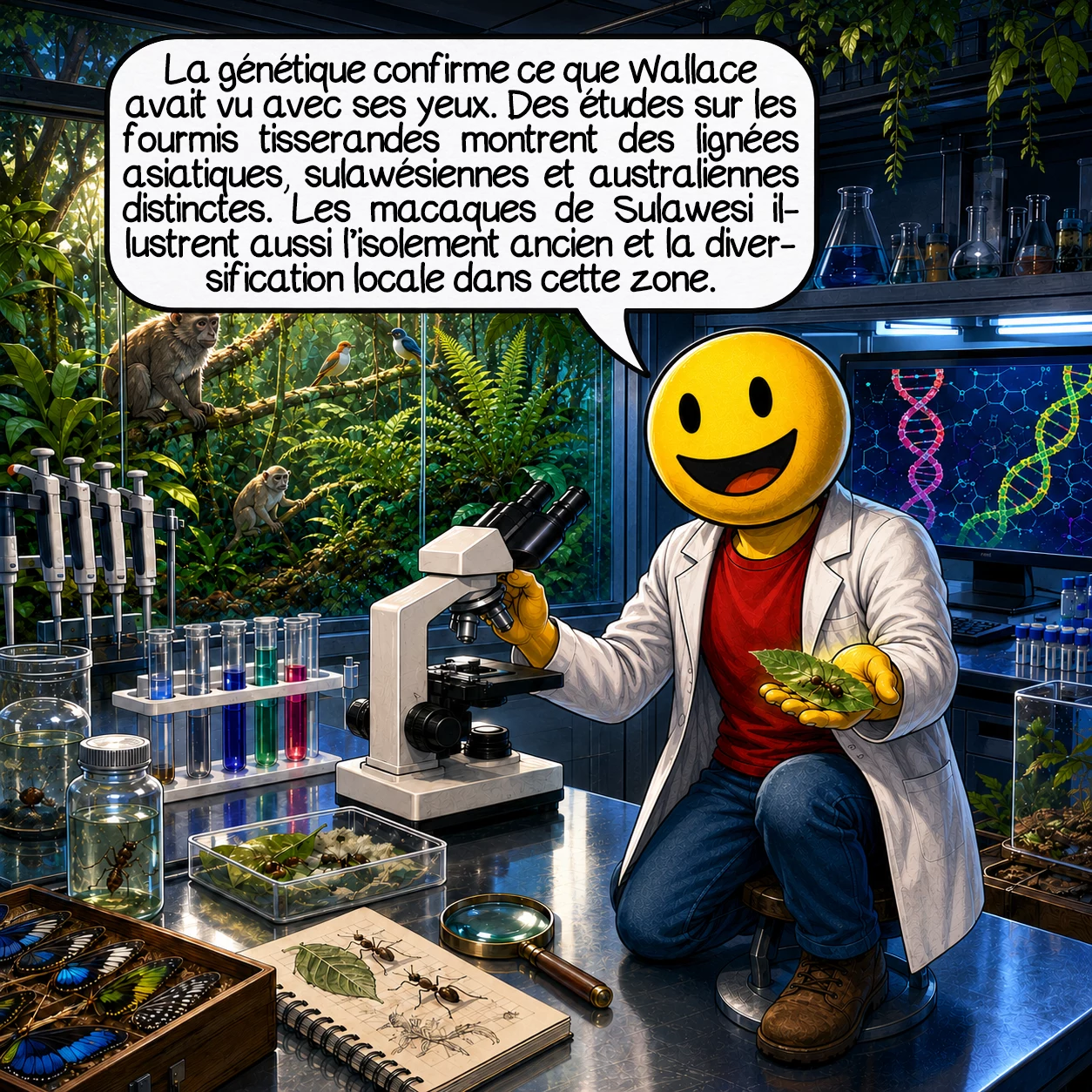 La ligne Wallace, case 6 : La génétique moderne confirme souvent ce que Wallace avait vu avec ses yeux. Des études sur les fourmis tisserandes montrent des lignées asiatiques, sulawésiennes et australiennes distinctes. Les macaques de Sulawesi illustrent aussi l’isolement ancien et la diversification locale dans cette zone.