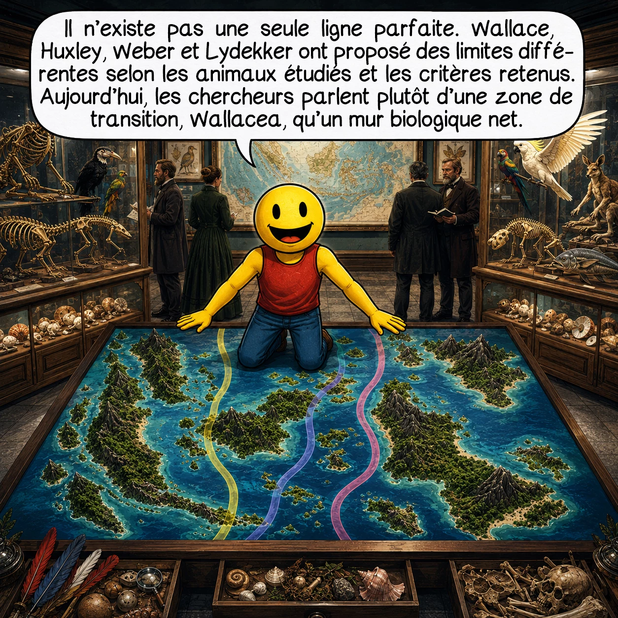 La ligne Wallace, case 7 : Il n’existe pas une seule ligne parfaite. Wallace, Huxley, Weber et Lydekker ont proposé des limites différentes selon les animaux étudiés et les critères retenus. Aujourd’hui, les chercheurs parlent plutôt d’une zone de transition, Wallacea, qu’un mur biologique net.