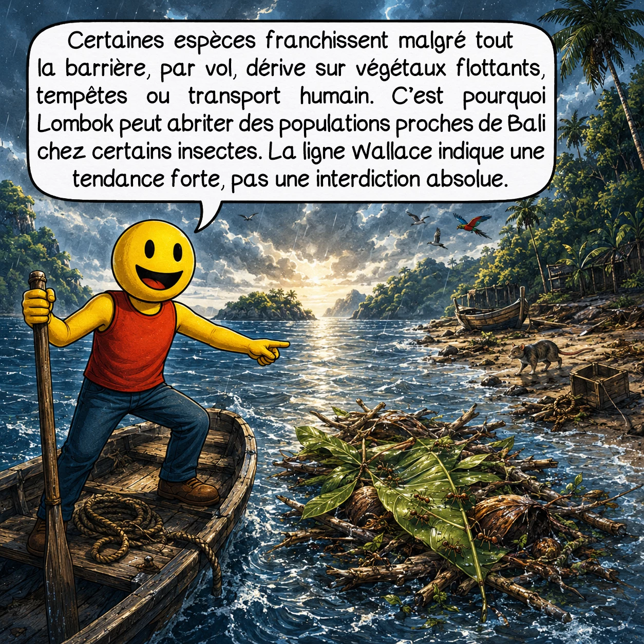 La ligne Wallace, case 8 : Certaines espèces franchissent malgré tout la barrière, par vol, dérive sur végétaux flottants, tempêtes ou transport humain. C’est pourquoi Lombok peut abriter des populations proches de Bali chez certains insectes. La ligne Wallace indique une tendance forte, pas une interdiction absolue.