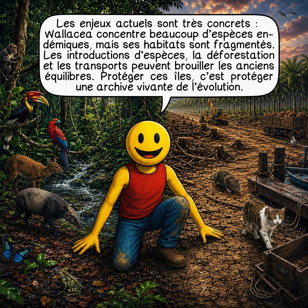 La ligne Wallace, case 9 : Les enjeux actuels sont très concrets : Wallacea concentre beaucoup d’espèces endémiques, mais ses habitats sont fragmentés. Les introductions d’espèces, la déforestation et les transports peuvent brouiller les anciens équilibres. Protéger ces îles, c’est protéger une archive vivante de l’évolution.