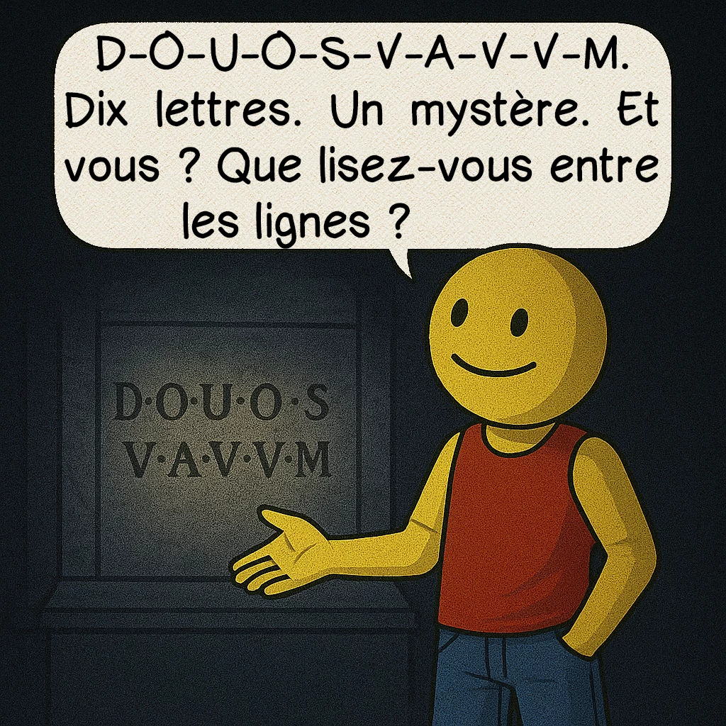 L’inscription de Shugborough, case 10 : D-O-U-O-S-V-A-V-V-M. Dix lettres. Un mystère. Et vous ? Que lisez-vous entre les lignes ?
