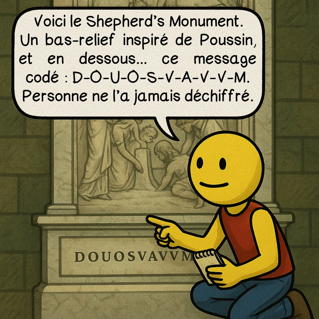 L’inscription de Shugborough, case 2 : Voici le Shepherd’s Monument. Un bas-relief inspiré de Poussin, et en dessous... ce message codé : D-O-U-O-S-V-A-V-V-M. Personne ne l’a jamais déchiffré.