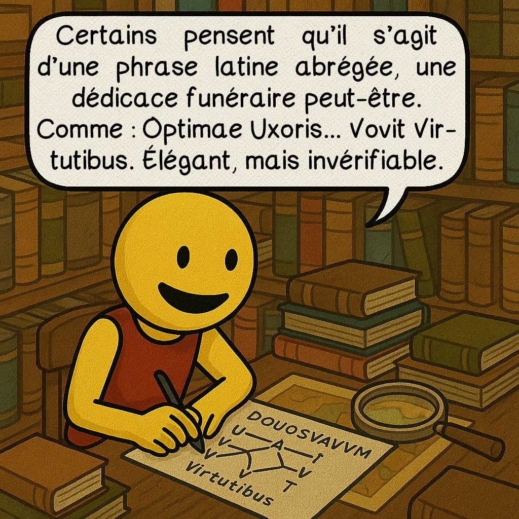 L’inscription de Shugborough, case 3 : Certains pensent qu’il s’agit d’une phrase latine abrégée, une dédicace funéraire peut-être. Comme : Optimae Uxoris... Vovit Virtutibus. Élégant, mais invérifiable.