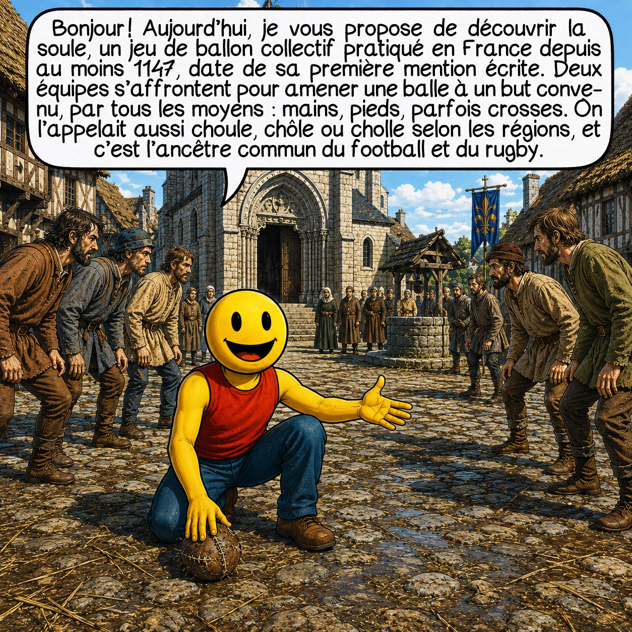 La soule, case 1 : Bonjour ! Aujourd’hui, je vous propose de découvrir la soule, un jeu de ballon collectif pratiqué en France depuis au moins 1147, date de sa première mention écrite. Deux équipes s’affrontent pour amener une balle à un but convenu, par tous les moyens : mains, pieds, parfois crosses. On l’appelait aussi choule, chôle ou cholle selon les régions, et c’est l’ancêtre commun du football et du rugby.