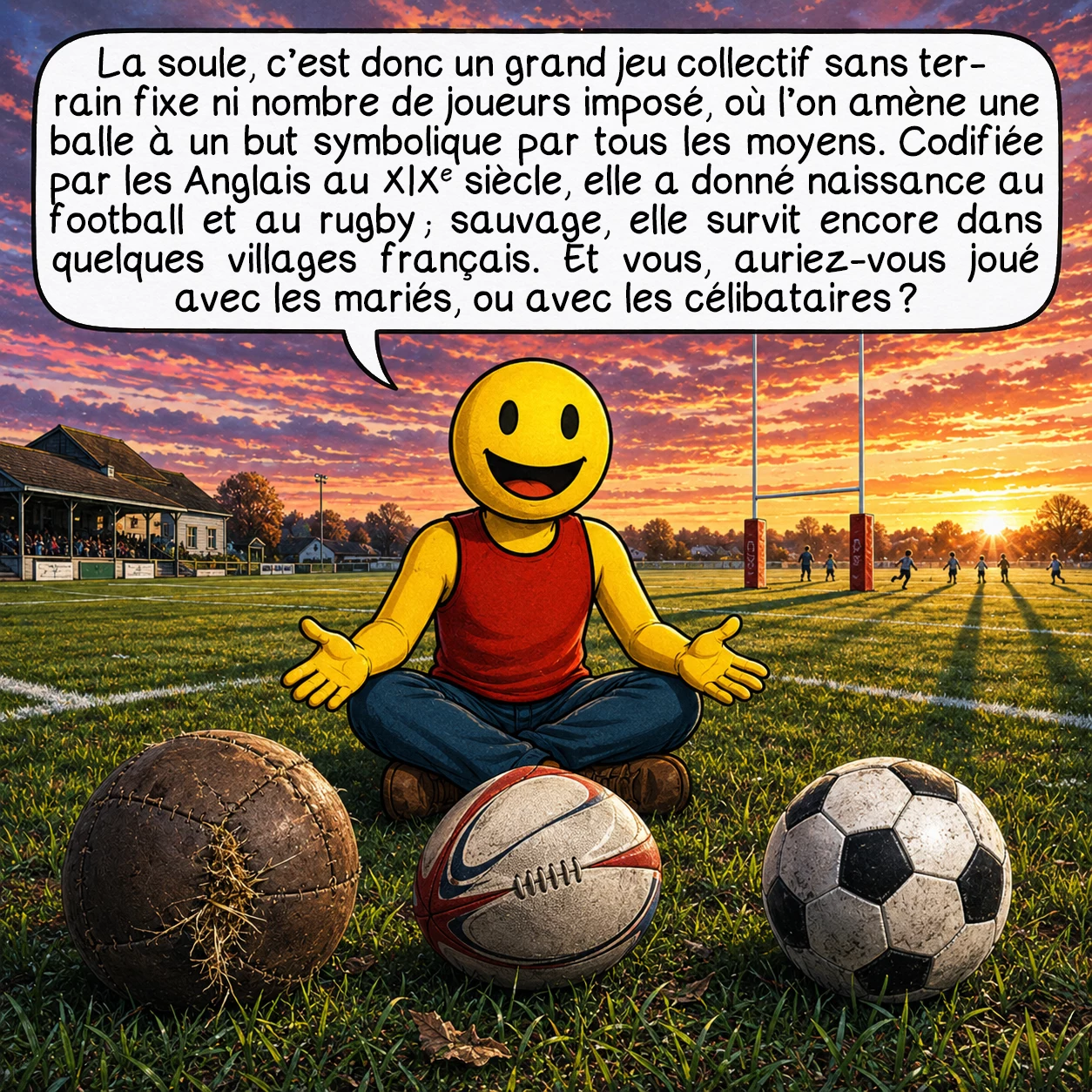 La soule, case 10 : La soule, c’est donc un grand jeu collectif sans terrain fixe ni nombre de joueurs imposé, où l’on amène une balle à un but symbolique par tous les moyens. Codifiée par les Anglais au XIXe siècle, elle a donné naissance au football et au rugby ; sauvage, elle survit encore dans quelques villages français. Et vous, auriez-vous joué avec les mariés, ou avec les célibataires ?