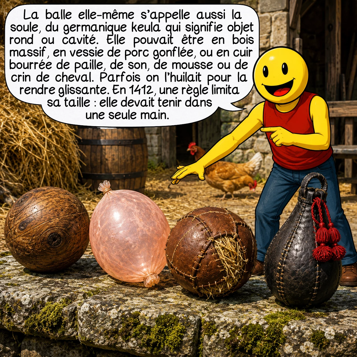 La soule, case 2 : La balle elle-même s’appelle aussi la soule, du germanique keula qui signifie objet rond ou cavité. Elle pouvait être en bois massif, en vessie de porc gonflée, ou en cuir bourrée de paille, de son, de mousse ou de crin de cheval. Parfois on l’huilait pour la rendre glissante. En 1412, une règle limita sa taille : elle devait tenir dans une seule main.