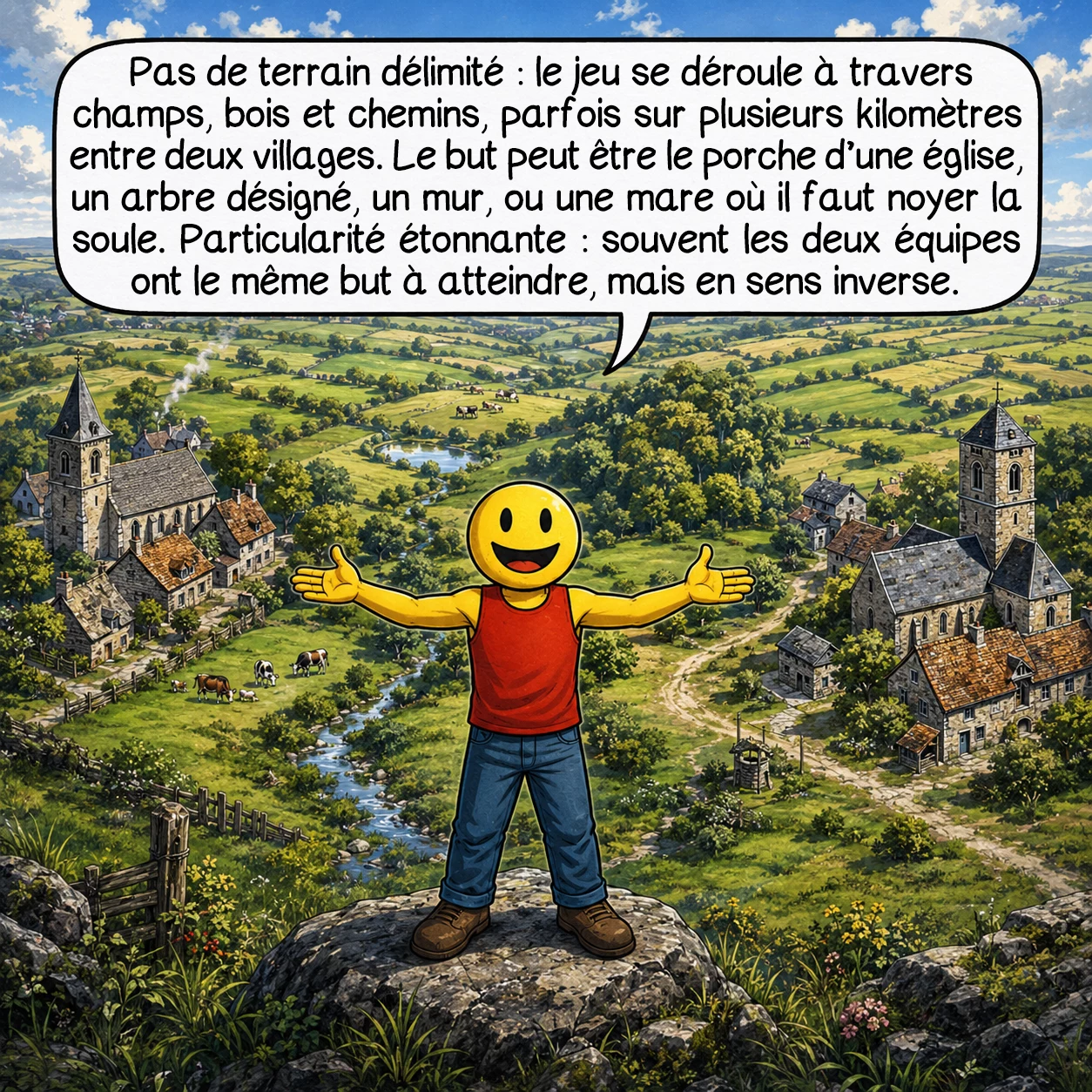 La soule, case 3 : Pas de terrain délimité : le jeu se déroule à travers champs, bois et chemins, parfois sur plusieurs kilomètres entre deux villages. Le but peut être le porche d’une église, un arbre désigné, un mur, ou une mare où il faut noyer la soule. Particularité étonnante : souvent les deux équipes ont le même but à atteindre, mais en sens inverse.