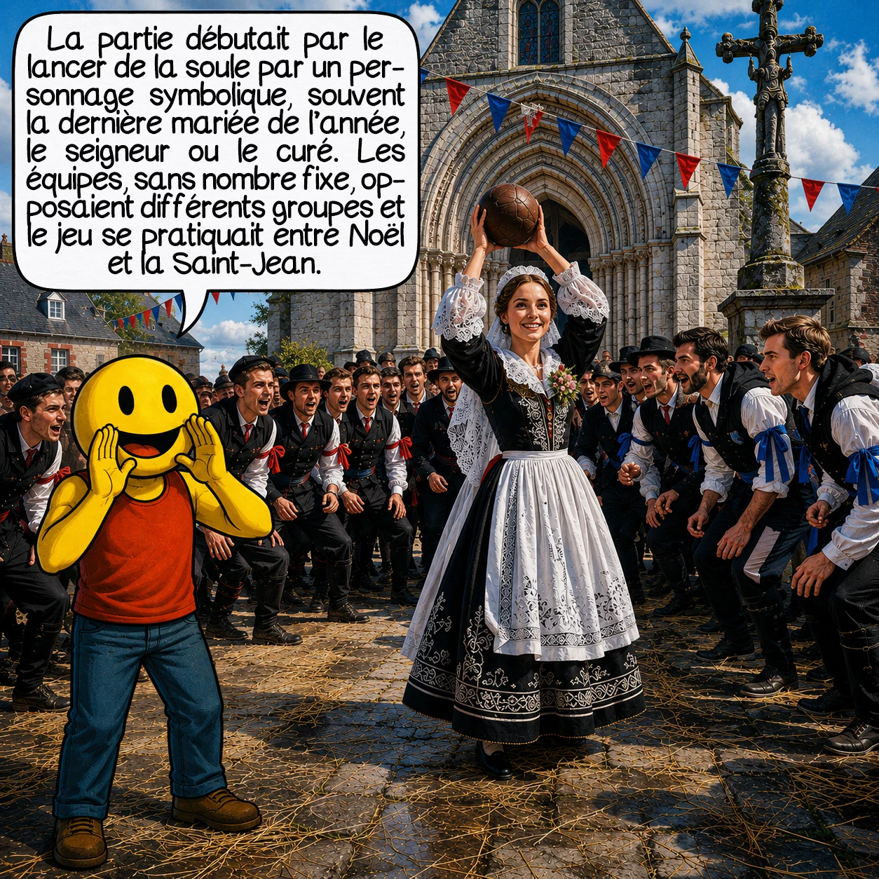 La soule, case 4 : Pour lancer la partie, un personnage symbolique jette la soule : souvent la dernière mariée de l’année, parfois le seigneur ou le curé après la messe. Les équipes n’avaient pas de nombre fixe et opposaient des groupes sociaux : mariés contre célibataires, gens de la ville contre gens de la campagne, ou une paroisse contre une autre. Le jeu se pratiquait surtout de Noël à la Saint-Jean.