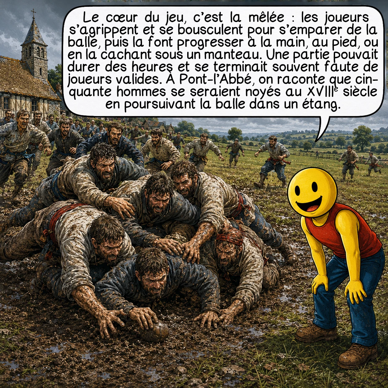 La soule, case 5 : Le cœur du jeu, c’est la mêlée : les joueurs s’agrippent et se bousculent pour s’emparer de la balle, puis la font progresser à la main, au pied, ou en la cachant sous un manteau. Une partie pouvait durer des heures et se terminait souvent faute de joueurs valides. À Pont-l’Abbé, on raconte que cinquante hommes se seraient noyés au XVIIIe siècle en poursuivant la balle dans un étang.