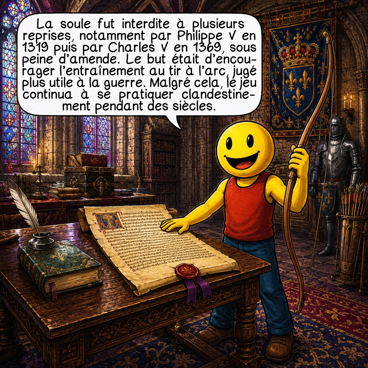 La soule, case 6 : La soule a été interdite à de multiples reprises : par Philippe V en 1319, puis par Charles V en 1369, sous peine de quarante sous d’amende. La raison était militaire : le roi voulait que ses sujets s’entraînent au tir à l’arc, jugé plus utile pour la guerre. Mais, malgré les édits royaux et les interdictions épiscopales, le jeu se pratiqua en cachette pendant des siècles.