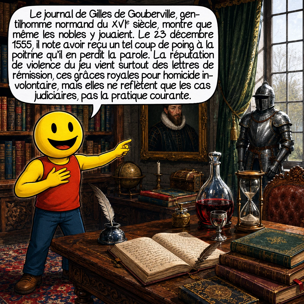 La soule, case 7 : Le journal de Gilles de Gouberville, gentilhomme normand du XVIe siècle, montre que même les nobles y jouaient. Le 23 décembre 1555, il note avoir reçu un tel coup de poing à la poitrine qu’il en perdit la parole. La réputation de violence du jeu vient surtout des lettres de rémission, ces grâces royales pour homicide involontaire, mais elles ne reflètent que les cas judiciaires, pas la pratique courante.
