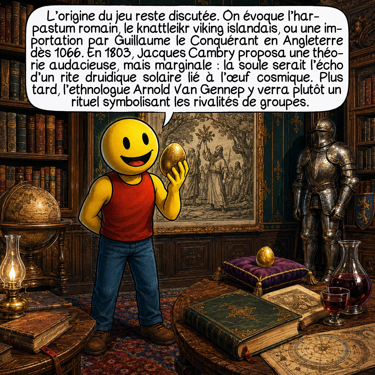 La soule, case 8 : L’origine du jeu reste discutée. On évoque l’harpastum romain, le knattleikr viking islandais, ou une importation par Guillaume le Conquérant en Angleterre dès 1066. En 1803, Jacques Cambry proposa une théorie audacieuse, mais marginale : la soule serait l’écho d’un rite druidique solaire lié à l’œuf cosmique. Plus tard, l’ethnologue Arnold Van Gennep y verra plutôt un rituel symbolisant les rivalités de groupes.