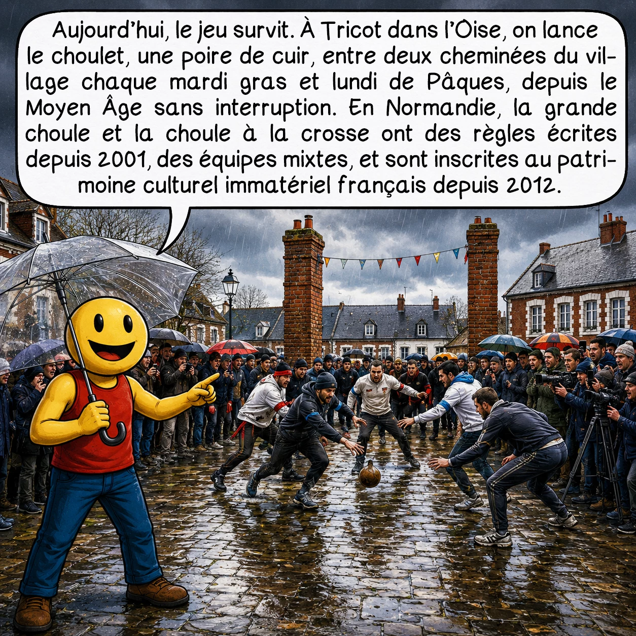 La soule, case 9 : Aujourd’hui, le jeu survit. À Tricot dans l’Oise, on lance le choulet, une poire de cuir, entre deux cheminées du village chaque mardi gras et lundi de Pâques, depuis le Moyen Âge sans interruption. En Normandie, la grande choule et la choule à la crosse ont des règles écrites depuis 2001, des équipes mixtes, et sont inscrites au patrimoine culturel immatériel français depuis 2012.