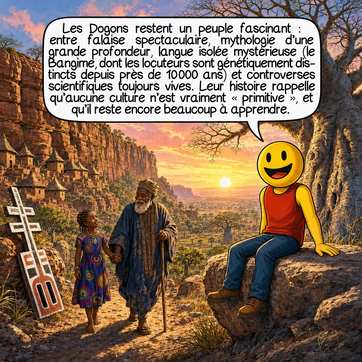 Les Dogons, case 10 : Les Dogons restent un peuple fascinant : entre falaise spectaculaire, mythologie d’une profondeur inégalée, langue isolée mystérieuse (le Bangime, dont les locuteurs sont génétiquement distincts depuis près de 10 000 ans), et controverses scientifiques toujours vives. Leur histoire nous rappelle qu’aucune culture n’est jamais vraiment « primitive », et qu’il y a encore tant à apprendre — si tant est qu’on leur laisse le temps. À bientôt !