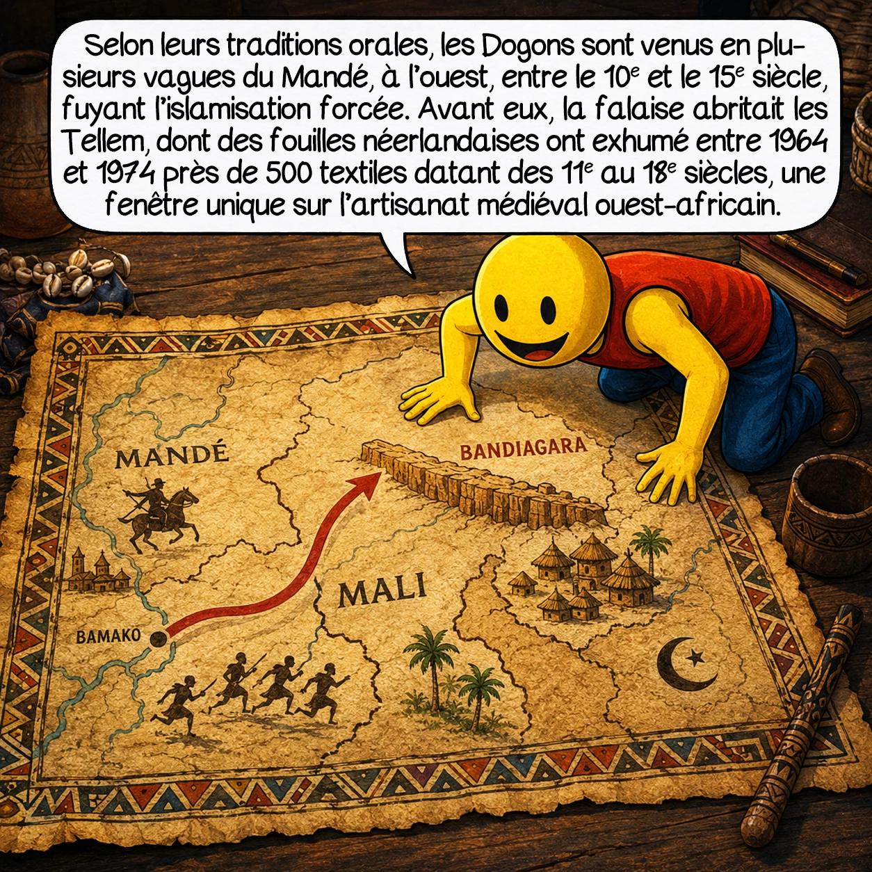 Les Dogons, case 2 : Selon leurs traditions orales, les Dogons sont venus en plusieurs vagues du Mandé, à l’ouest, entre le 10ᵉ et le 15ᵉ siècle, fuyant l’islamisation forcée. Avant eux, la falaise abritait les Tellem, dont des fouilles néerlandaises ont exhumé entre 1964 et 1974 près de 500 textiles datant des 11e au 18ᵉ siècles, une fenêtre unique sur l’artisanat médiéval ouest-africain.
