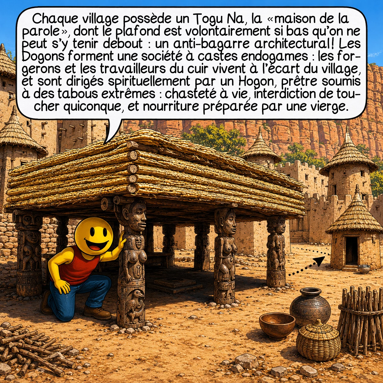 Les Dogons, case 3 : Chaque village possède un Togu Na, la « maison de la parole », dont le plafond est volontairement si bas qu’on ne peut s’y tenir debout : un anti-bagarre architectural ! Les Dogons forment une société à castes endogames — les forgerons et les travailleurs du cuir vivent à l’écart du village — et sont dirigés spirituellement par un Hogon, prêtre soumis à des tabous extrêmes : chasteté à vie, interdiction de toucher quiconque, et nourriture préparée par une vierge.