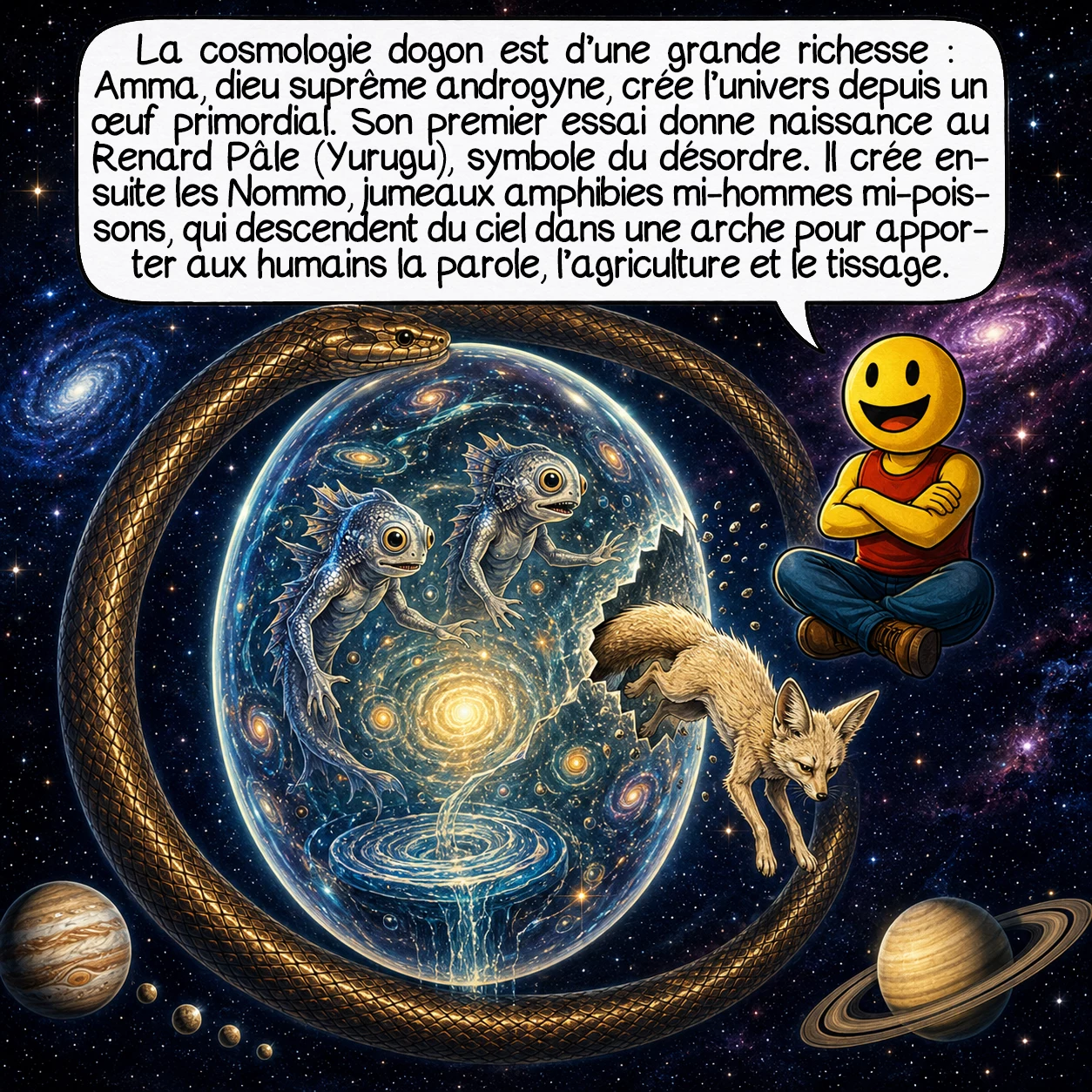 Les Dogons, case 4 : La cosmologie dogon est d’une richesse vertigineuse : Amma, dieu suprême androgyne, crée l’univers depuis un œuf primordial. Son premier essai rate et donne naissance au Renard Pâle (Yurugu), symbole du désordre. Il crée ensuite les Nommo, jumeaux amphibies mi-hommes mi-poissons, qui descendent du ciel dans une arche tournoyante pour apporter aux humains la parole, l’agriculture et le tissage.