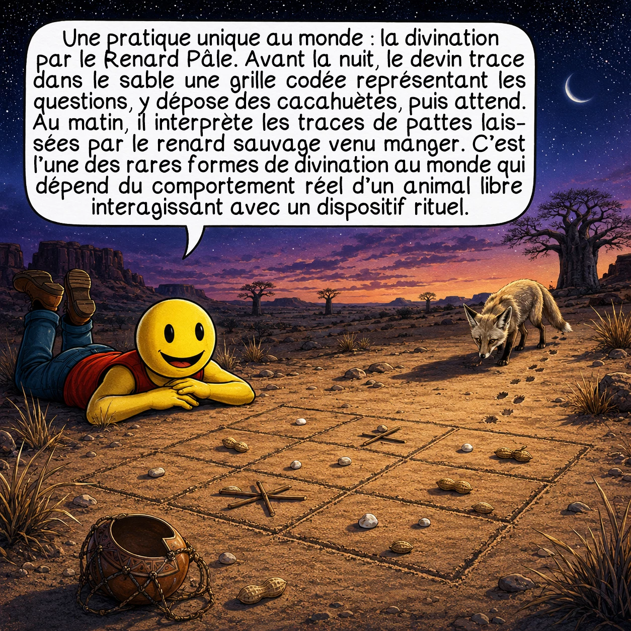 Les Dogons, case 6 : Une pratique unique au monde : la divination par le Renard Pâle. Avant la nuit, le devin trace dans le sable une grille codée représentant les questions, y dépose des cacahuètes, puis attend. Au matin, il interprète les traces de pattes laissées par le renard sauvage venu manger. C’est l’une des rares formes de divination au monde qui dépend du comportement réel d’un animal libre interagissant avec un dispositif rituel.