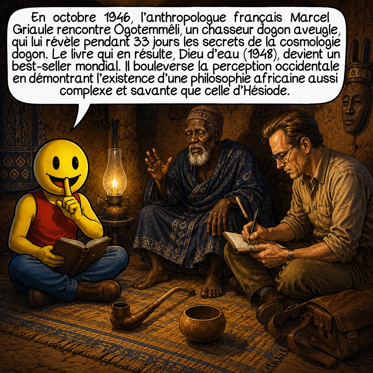 Les Dogons, case 7 : En octobre 1946, l’anthropologue français Marcel Griaule rencontre Ogotemmêli, un chasseur dogon aveugle, qui lui révèle pendant 33 jours les secrets de la cosmologie dogon. Le livre qui en résulte, Dieu d’eau (1948), devient un best-seller mondial. Il bouleverse la perception occidentale en démontrant l’existence d’une philosophie africaine aussi complexe et savante que celle d’Hésiode.