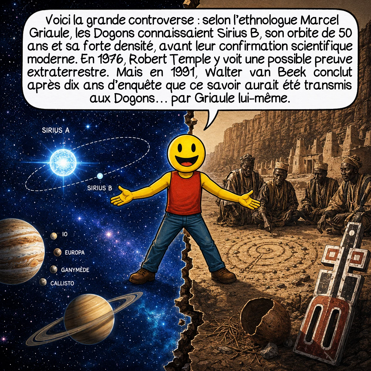 Les Dogons, case 8 : Voici la grande controverse : Griaule rapporte que les Dogons connaissaient Sirius B, naine blanche invisible à l’œil nu, son orbite de 50 ans et son extrême densité — informations confirmées par les astronomes seulement en 1862 et 1970. L’écrivain Robert Temple en a tiré en 1976 la thèse spectaculaire d’une visite extraterrestre. Mais en 1991, l’anthropologue Walter van Beek, après dix ans sur place, n’a retrouvé aucune trace de ce savoir et a démontré que les Dogons interrogés disaient l’avoir appris… de Griaule lui-même.