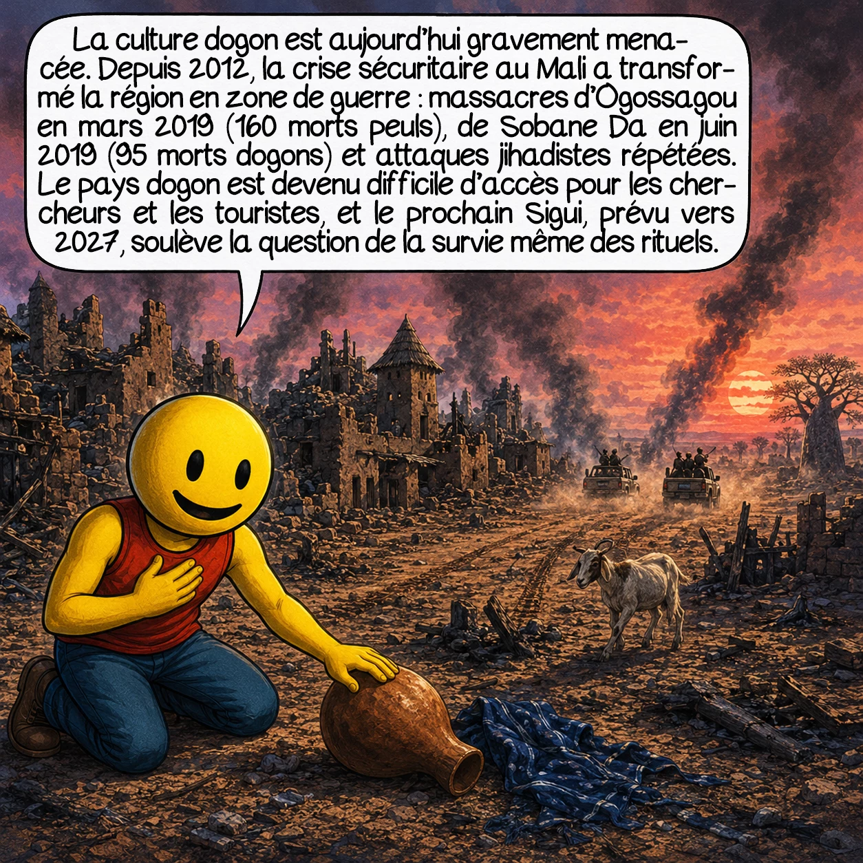 Les Dogons, case 9 : La culture dogon est aujourd’hui gravement menacée. Depuis 2012, la crise sécuritaire au Mali a transformé la région en zone de guerre : massacres d’Ogossagou en mars 2019 (160 morts peuls), de Sobane Da en juin 2019 (95 morts dogons), attaques jihadistes répétées en 2022 et 2026. Le pays Dogon est inaccessible aux chercheurs et aux touristes, et le prochain Sigui prévu vers 2027 pose la question dramatique de la survie même des rituels.