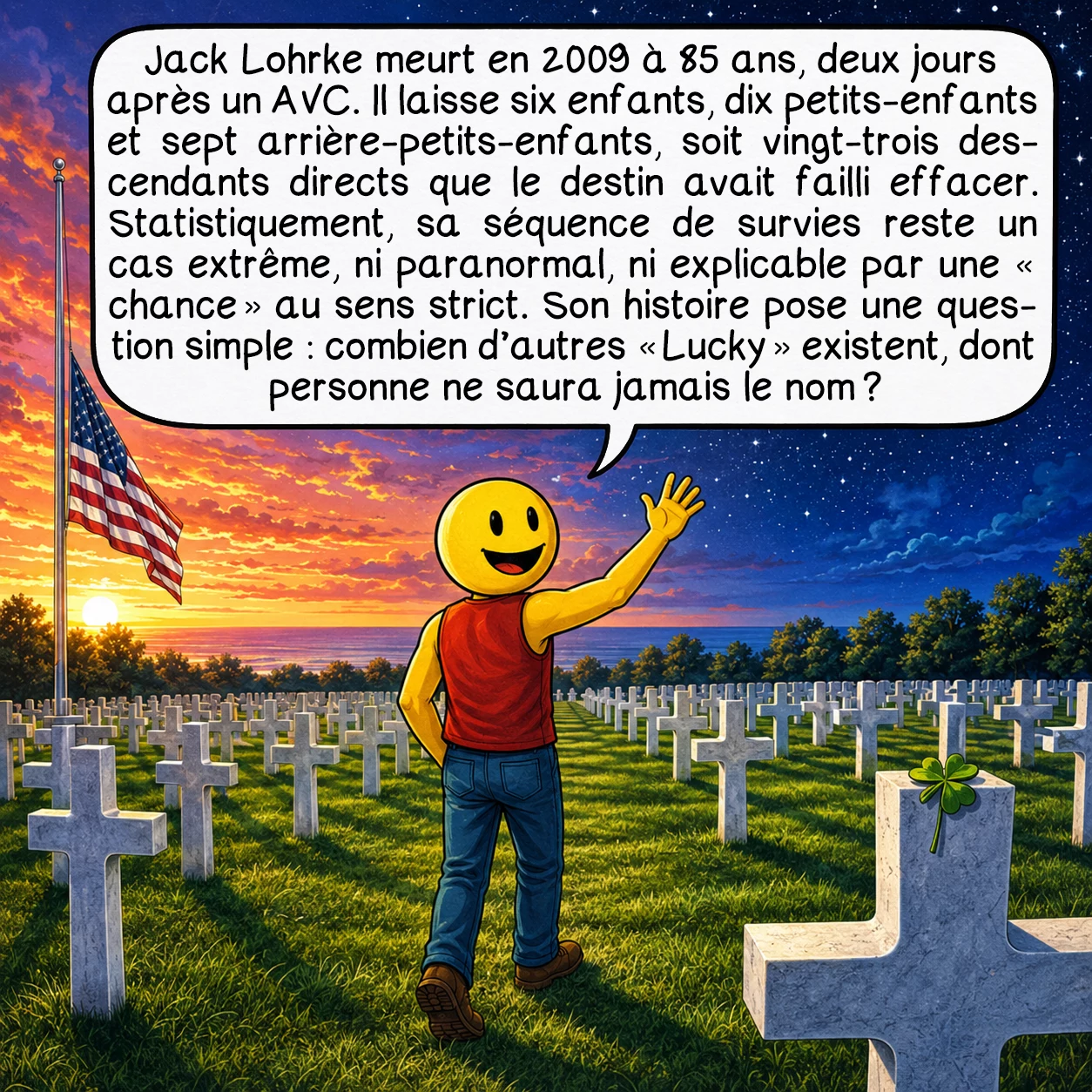 Jack Lohrke, case 10 : Jack Lohrke meurt en 2009 à 85 ans, deux jours après un AVC. Il laisse six enfants, dix petits-enfants et sept arrière-petits-enfants, soit vingt-trois descendants directs que le destin avait failli effacer. Statistiquement, sa séquence de survies reste un cas extrême, ni paranormal, ni explicable par une « chance » au sens strict. Son histoire pose une question simple : combien d’autres « Lucky » existent, dont personne ne saura jamais le nom ?