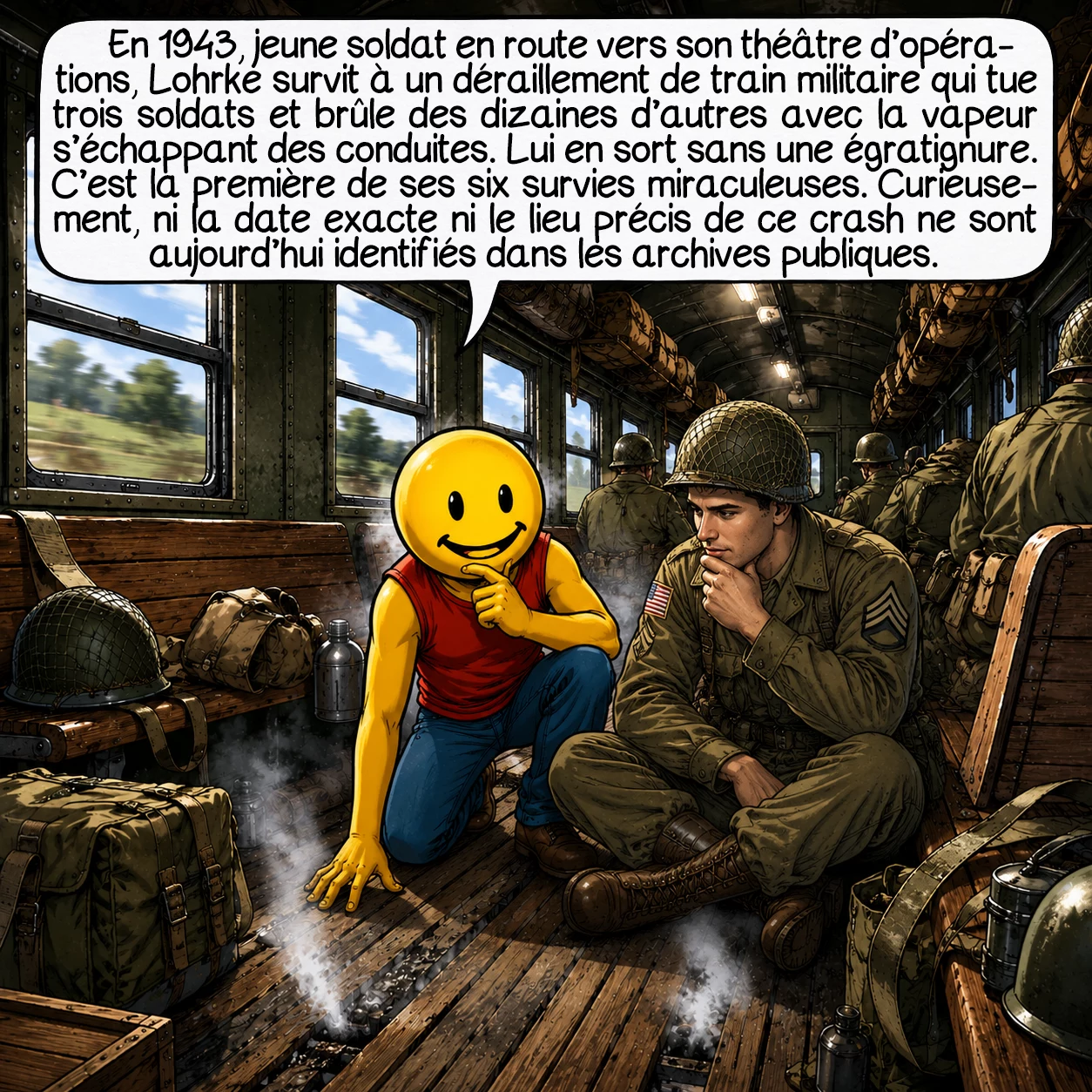 Jack Lohrke, case 3 : En 1943, jeune soldat en route vers son théâtre d’opérations, Lohrke survit à un déraillement de train militaire qui tue trois soldats et brûle des dizaines d’autres avec la vapeur s’échappant des conduites. Lui en sort sans une égratignure. C’est la première de ses six survies miraculeuses. Curieusement, ni la date exacte ni le lieu précis de ce crash ne sont aujourd’hui identifiés dans les archives publiques.