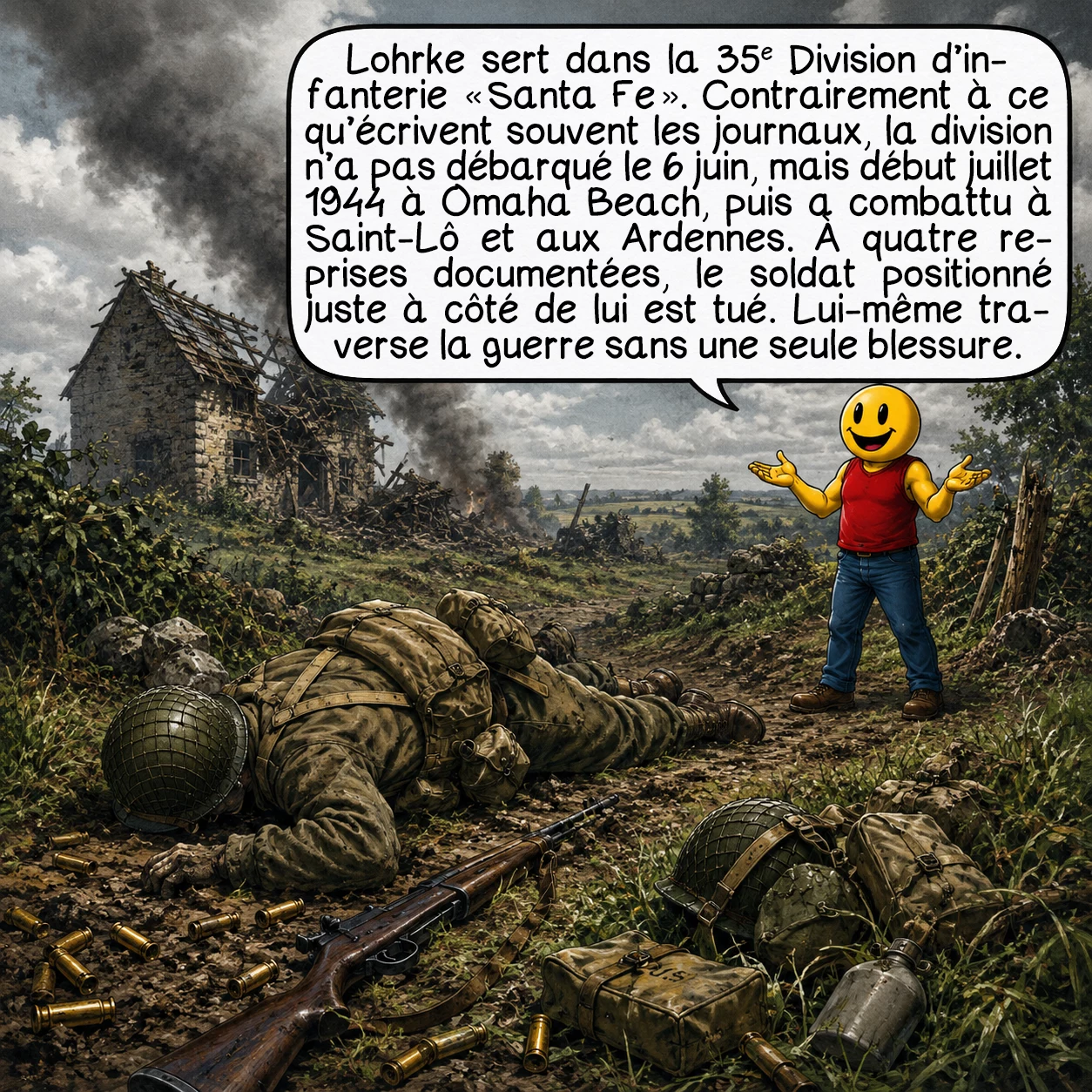 Jack Lohrke, case 4 : Lohrke sert dans la 35e Division d’infanterie « Santa Fe ». Contrairement à ce qu’écrivent souvent les journaux, la division n’a pas débarqué le 6 juin, mais début juillet 1944 à Omaha Beach, puis a combattu à Saint-Lô et aux Ardennes. À quatre reprises documentées, le soldat positionné juste à côté de lui est tué. Lui-même traverse la guerre sans une seule blessure.