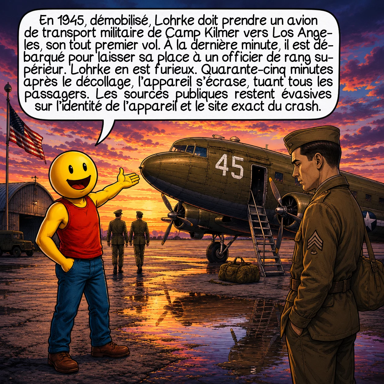 Jack Lohrke, case 5 : En 1945, démobilisé, Lohrke doit prendre un avion de transport militaire de Camp Kilmer vers Los Angeles, son tout premier vol. À la dernière minute, il est débarqué pour laisser sa place à un officier de rang supérieur. Lohrke en est furieux. Quarante-cinq minutes après le décollage, l’appareil s’écrase, tuant tous les passagers. Les sources publiques restent évasives sur l’identité de l’appareil et le site exact du crash.