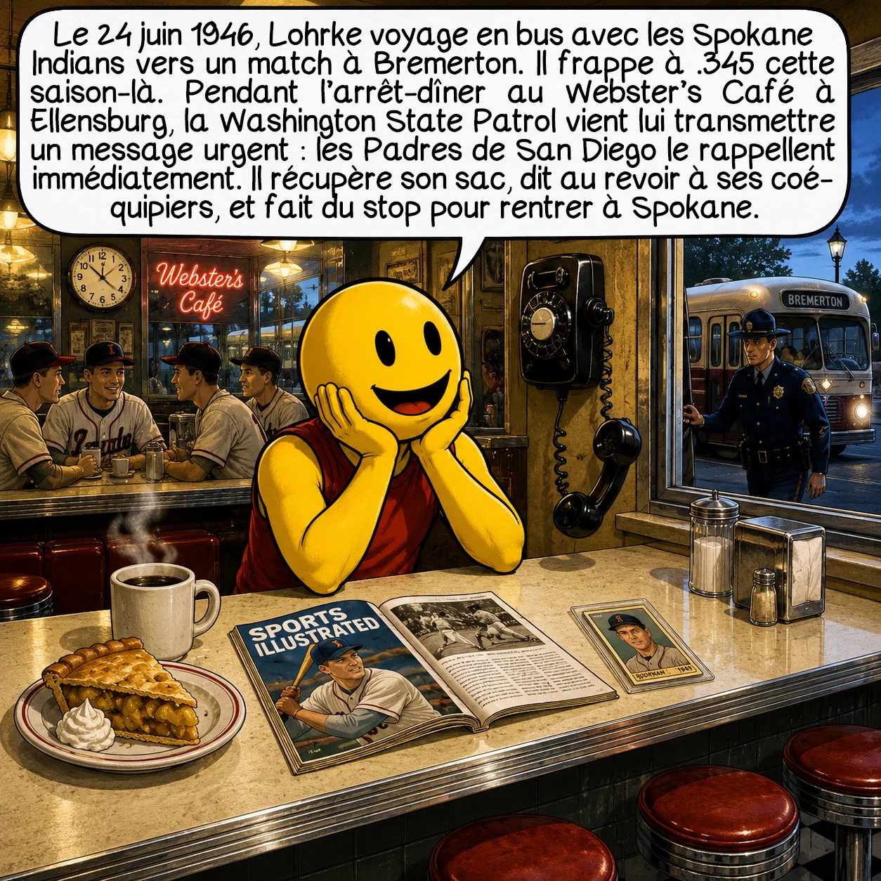 Jack Lohrke, case 6 : Le 24 juin 1946, Lohrke voyage en bus avec les Spokane Indians vers un match à Bremerton. Il frappe à .345 cette saison-là. Pendant l’arrêt-dîner au Webster’s Café à Ellensburg, la Washington State Patrol vient lui transmettre un message urgent : les Padres de San Diego le rappellent immédiatement. Il récupère son sac, dit au revoir à ses coéquipiers, et fait du stop pour rentrer à Spokane.