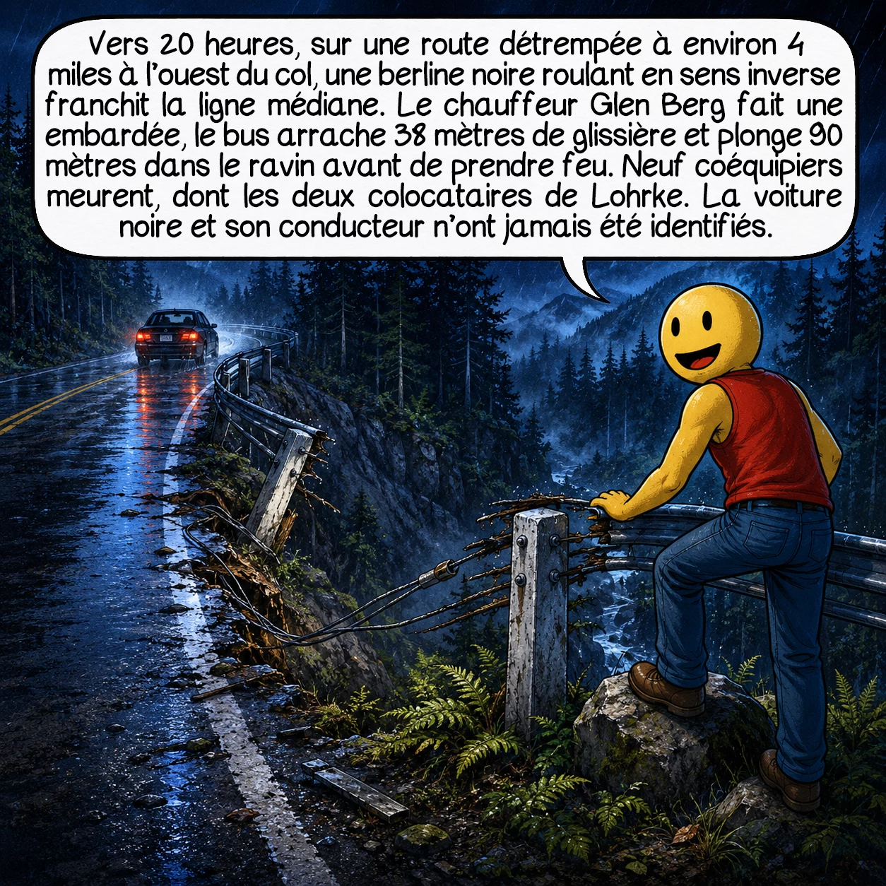 Jack Lohrke, case 7 : Vers 20 heures, sur une route détrempée à environ 4 miles à l’ouest du col, une berline noire roulant en sens inverse franchit la ligne médiane. Le chauffeur Glen Berg fait une embardée, le bus arrache 38 mètres de glissière et plonge 90 mètres dans le ravin avant de prendre feu. Neuf coéquipiers meurent, dont les deux colocataires de Lohrke. La voiture noire et son conducteur n’ont jamais été identifiés.