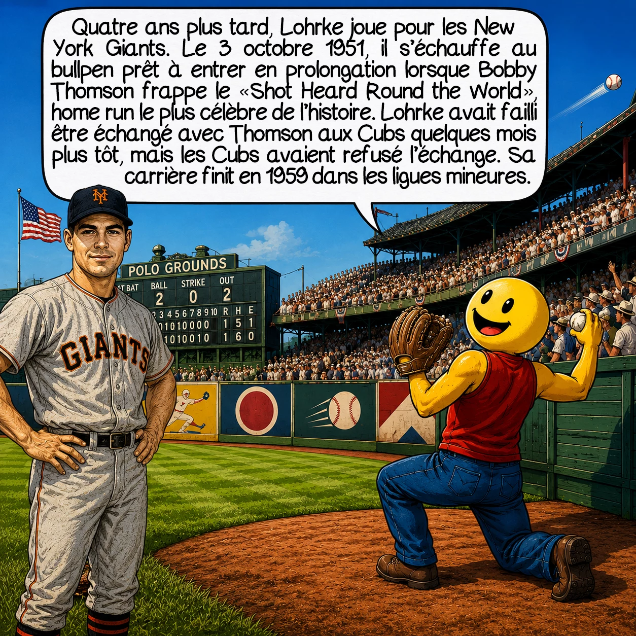 Jack Lohrke, case 8 : Quatre ans plus tard, Lohrke joue pour les New York Giants. Le 3 octobre 1951, il s’échauffe au bullpen prêt à entrer en prolongation lorsque Bobby Thomson frappe le « Shot Heard Round the World », home run le plus célèbre de l’histoire. Lohrke avait failli être échangé avec Thomson aux Cubs quelques mois plus tôt, mais les Cubs avaient refusé l’échange. Sa carrière finit en 1959 dans les ligues mineures.