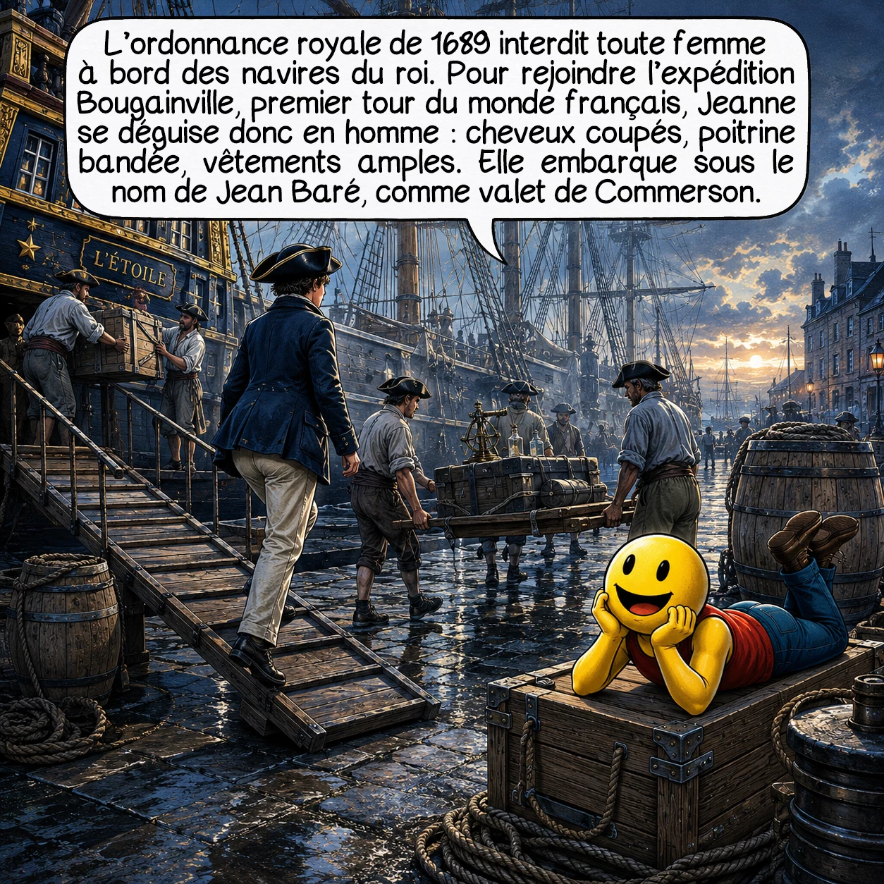 Jeanne Barret, case 3 : L’ordonnance royale de 1689 interdit toute femme à bord des navires du roi. Pour rejoindre l’expédition Bougainville, premier tour du monde français, Jeanne se déguise donc en homme : cheveux coupés, poitrine bandée, vêtements amples. Elle embarque sous le nom de Jean Baré, comme valet de Commerson.