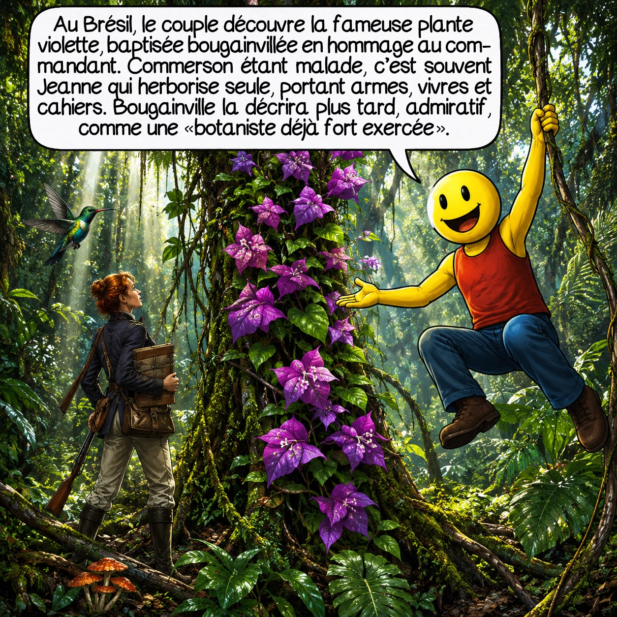 Jeanne Barret, case 5 : Au Brésil, le couple découvre la fameuse plante à bractées violettes, baptisée Bougainvillea en hommage au commandant. Commerson étant malade, c’est souvent Jeanne qui herborise seule, portant armes, vivres et cahiers. Bougainville la décrira plus tard, admiratif, comme une « botaniste déjà fort exercé ».