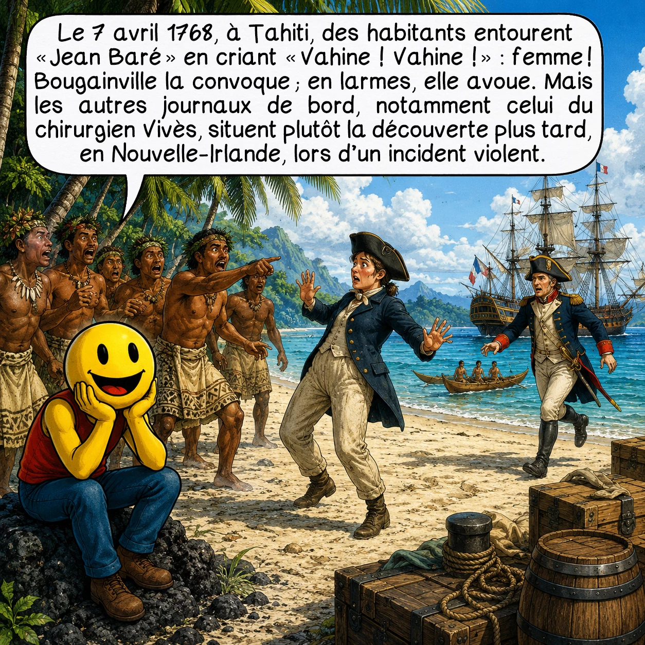 Jeanne Barret, case 6 : Le 7 avril 1768, à Tahiti, des habitants entourent « Jean Baré » en criant « Vahine! Vahine! » : femme ! Bougainville la convoque ; en larmes, elle avoue. Mais les autres journaux de bord, notamment celui du chirurgien Vivès, situent plutôt la découverte plus tard, en Nouvelle-Irlande, lors d’un incident violent.