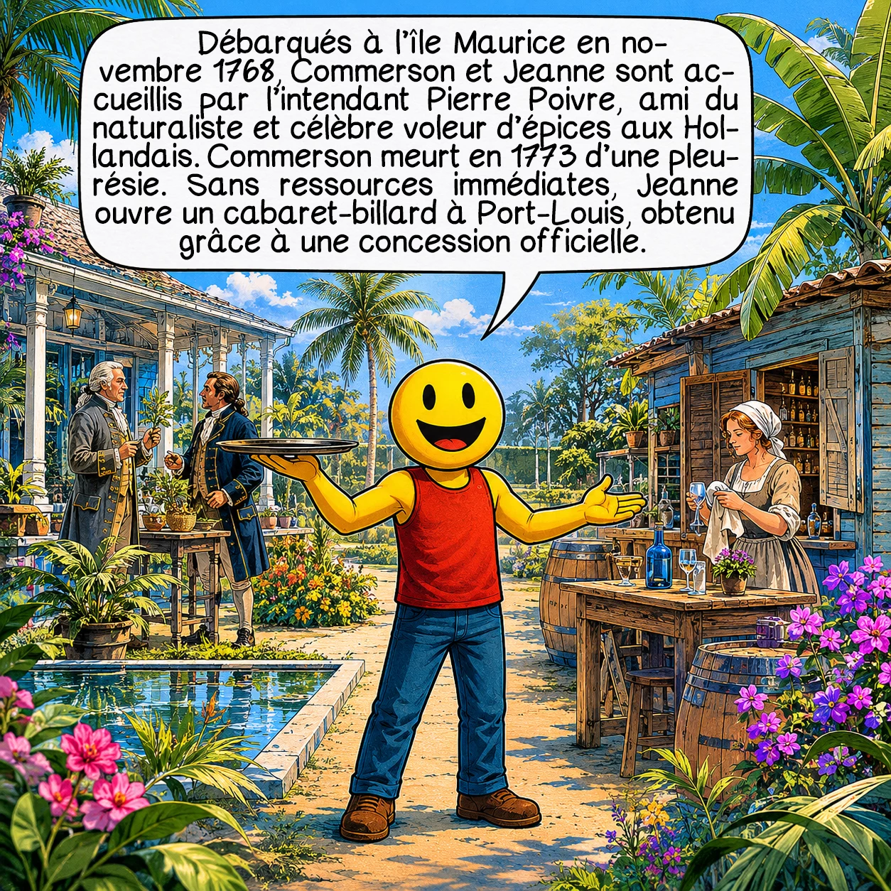Jeanne Barret, case 7 : Débarqués à l’île Maurice en novembre 1768, Commerson et Jeanne sont accueillis par l’intendant Pierre Poivre, ami du naturaliste et célèbre voleur d’épices aux Hollandais. Commerson meurt en 1773 d’une pleurésie. Sans ressources immédiates, Jeanne ouvre un cabaret-billard à Port-Louis, obtenu grâce à une concession officielle.