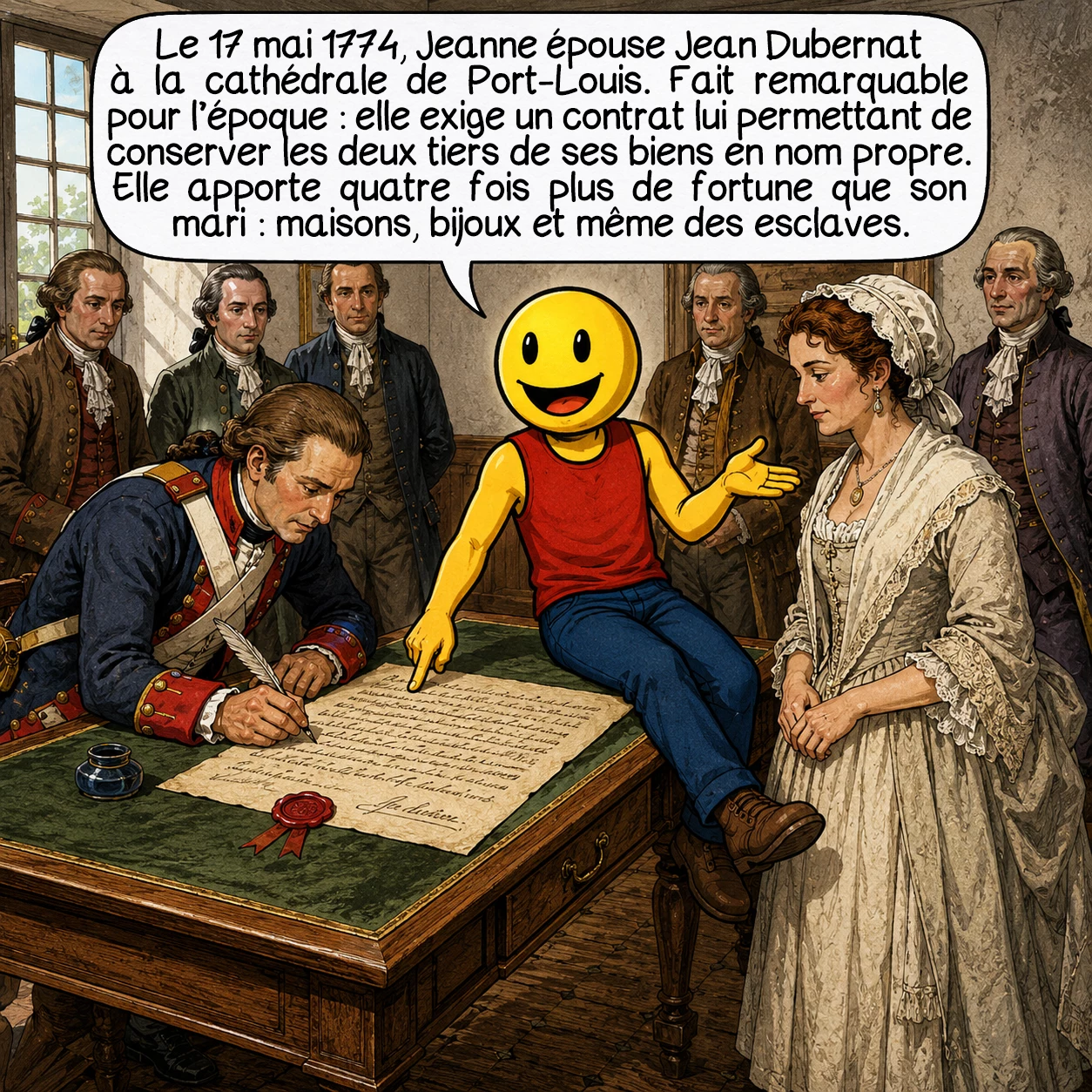 Jeanne Barret, case 8 : Le 17 mai 1774, Jeanne épouse Jean Dubernat à la cathédrale de Port-Louis. Fait remarquable pour l’époque : elle exige un contrat lui permettant de conserver les deux tiers de ses biens en nom propre. Elle apporte quatre fois plus de fortune que son mari : maisons, bijoux et même des esclaves.