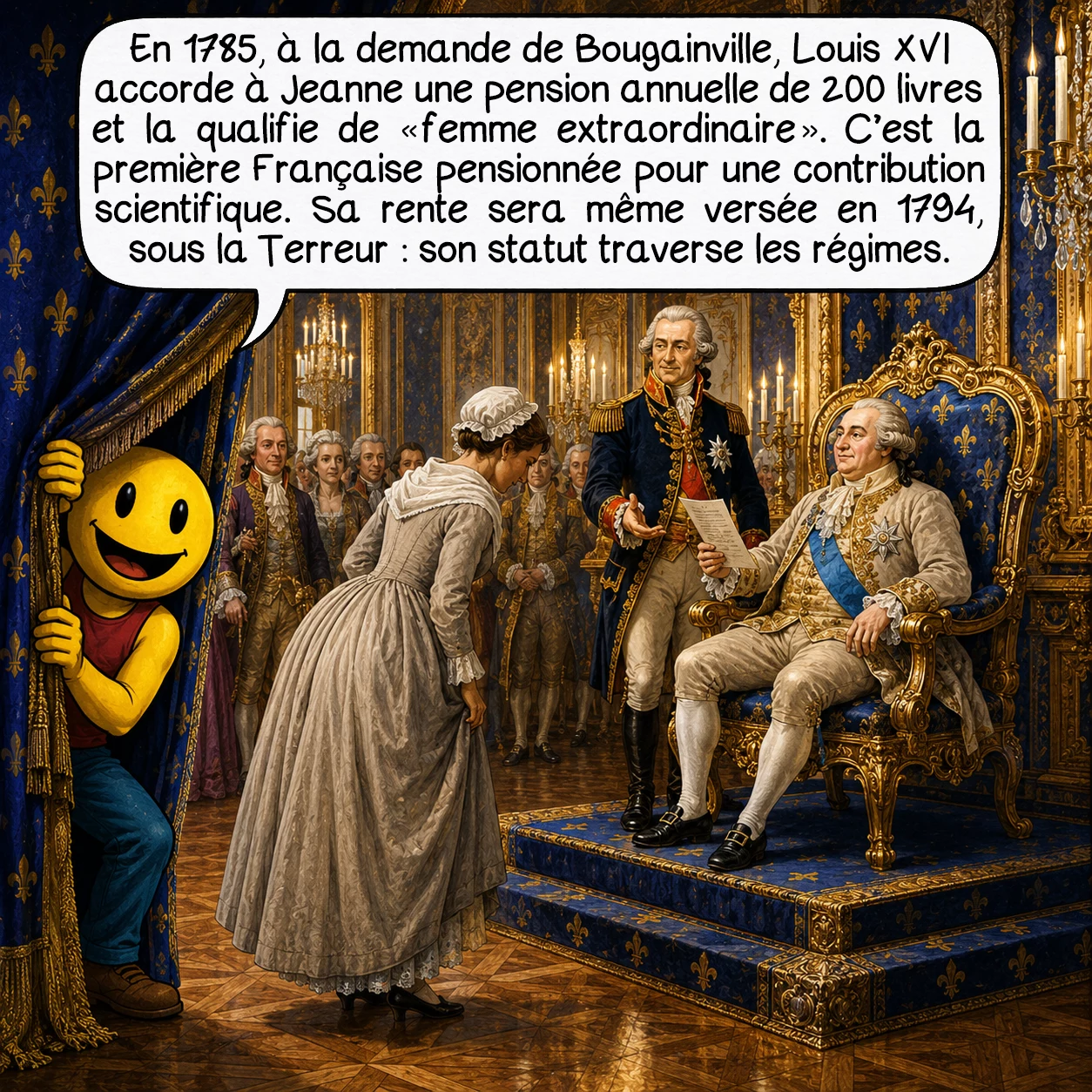 Jeanne Barret, case 9 : En 1785, à la demande de Bougainville, Louis XVI accorde à Jeanne une pension annuelle de 200 livres et la qualifie de « femme extraordinaire ». C’est la première Française pensionnée pour une contribution scientifique. Sa rente sera même versée en 1794, sous la Terreur : son statut traverse les régimes.